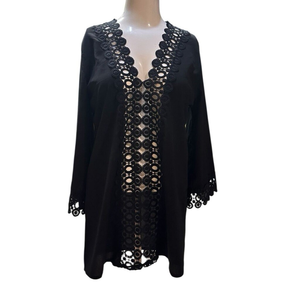 Swimsuit Cover-Up L V-Neck Plunge Chunky Lace Peekaboo 3/4 Sleeve Cabo beach